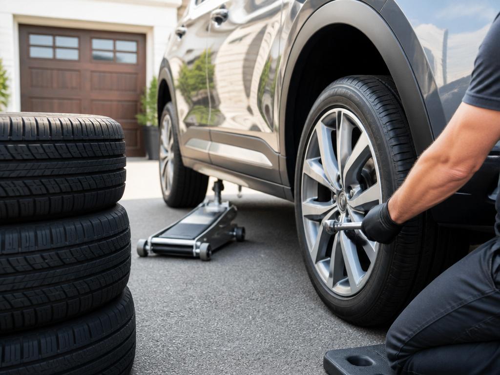 Fresh set of tires being fitted to a vehicle in a driveway