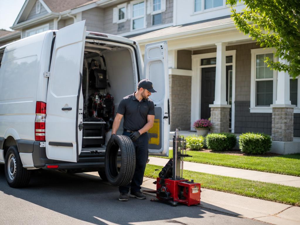 Mobile tire service van parked in front of a suburban home