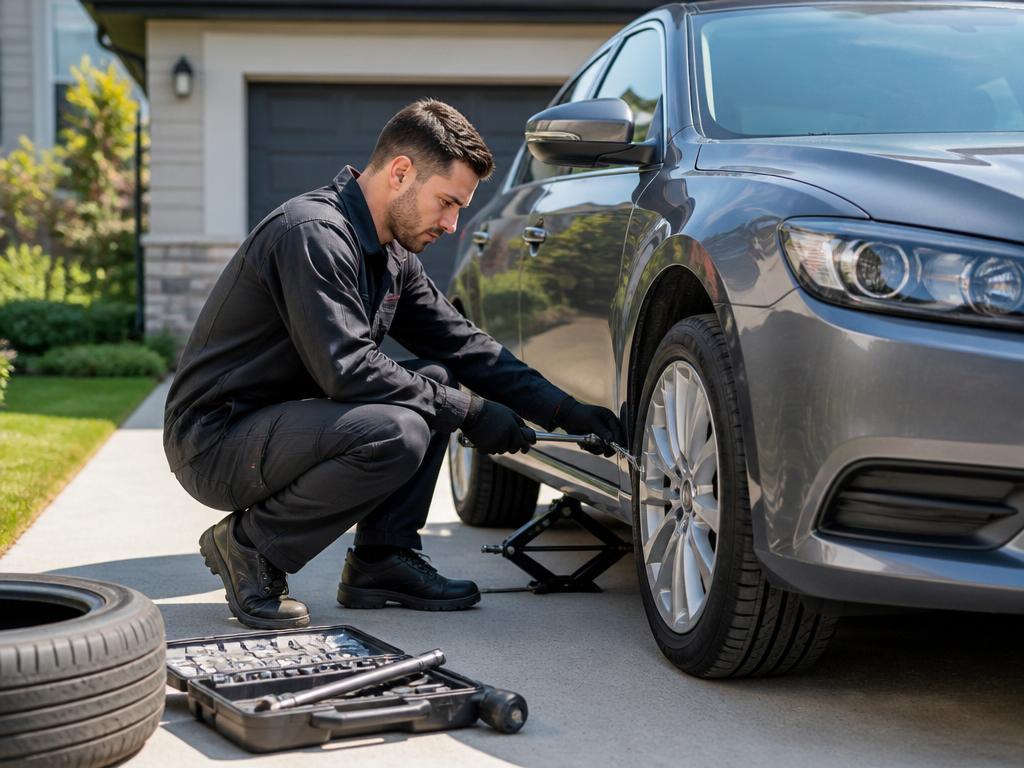 Technician changing a tire beside a car in a suburban driveway