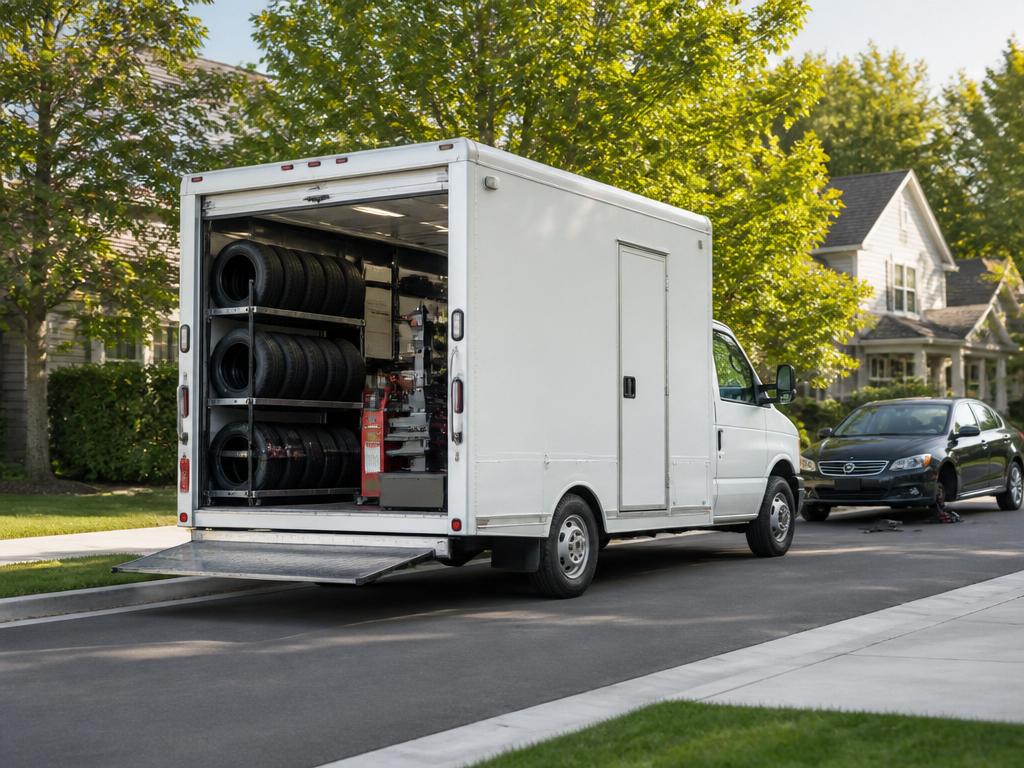 Mobile tire service truck parked on a suburban neighborhood street