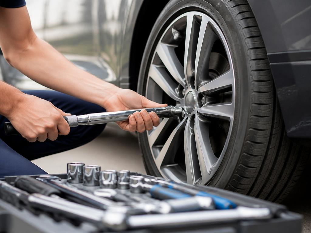 Close-up of a technician torquing an alloy wheel with professional tools